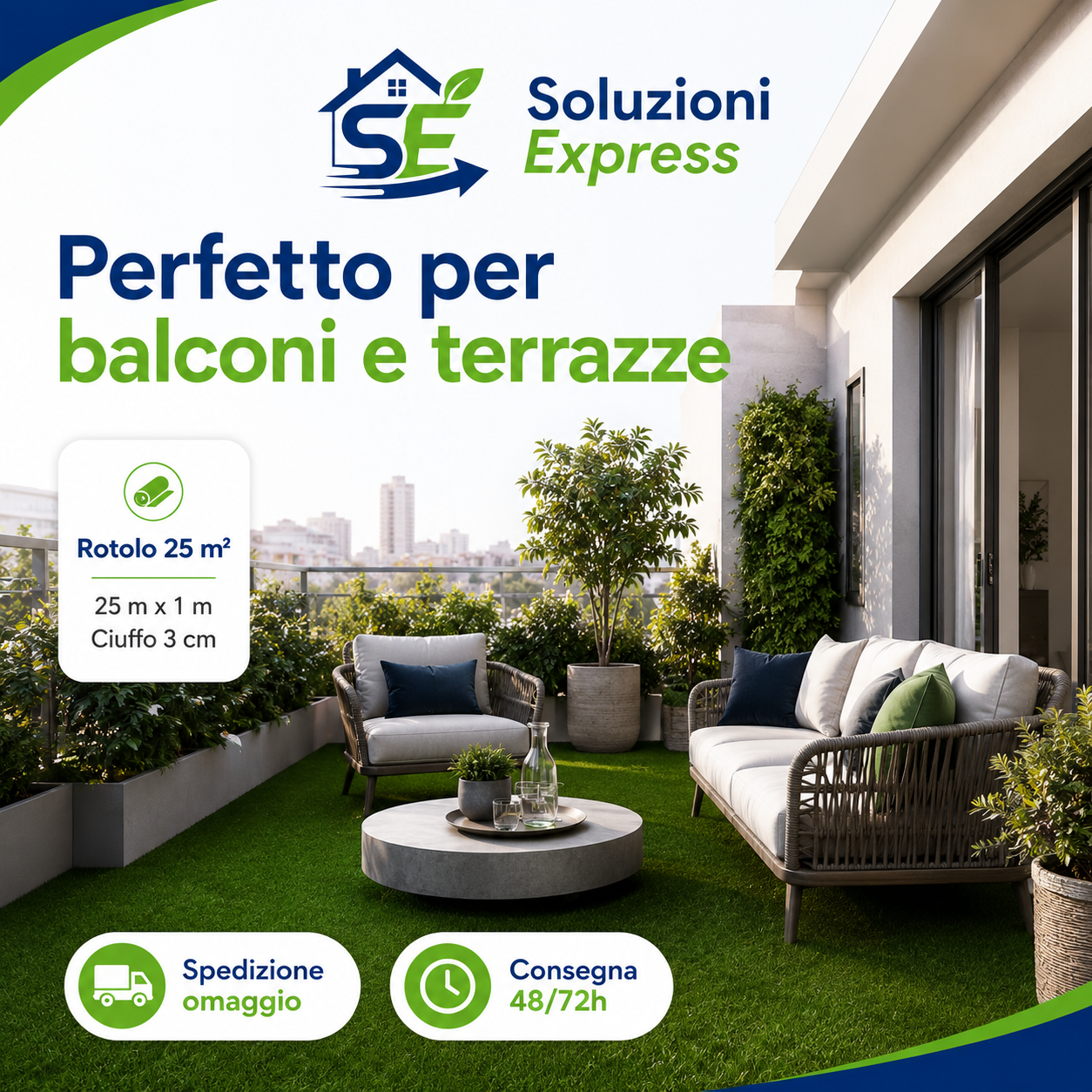 Prato sintetico da 50 metri quadrati utilizzato in un giardino moderno